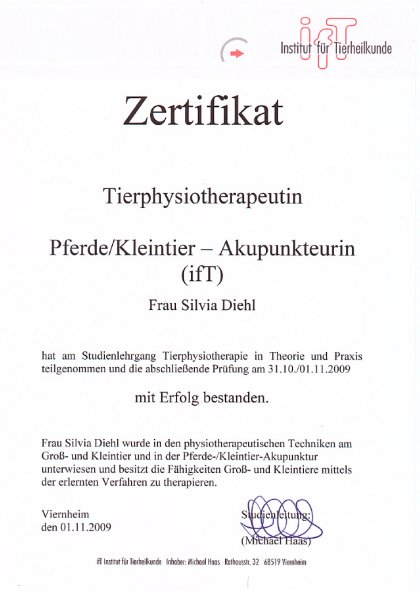 Zertifikat Tierphysiotherapeutin IfT